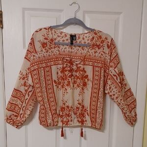 Full Tilt Sz S, Deep Sienna and Cream Floral Boho Blouse. Draw String / Tassels